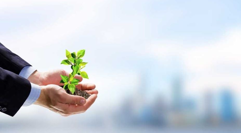 Rokas, kas tur nelielu augsni ar augošu zaļu stādu, fonā neskaidra pilsētas panorāma.