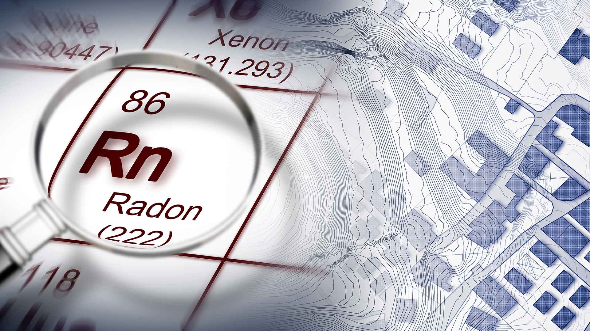 Ett förstoringsglas visualiserar ett fokus på radon i det periodiska systemets lista av grundämnen. Fastighetsägaren är ansvarig för radonmätningen i sina fastigheter.
