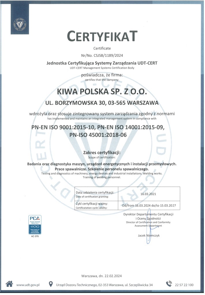 Certyfikat UDT-CERT wydany dla Kiwa Polska 