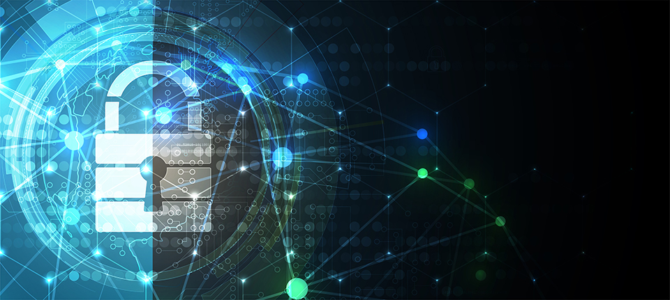  Digital lock with a network of connected lines and nodes for cybersecurity 